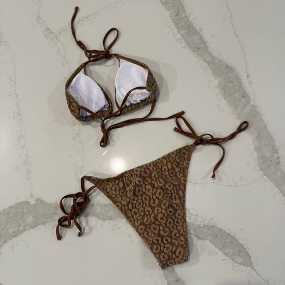 SHEIN Sexy Leopard Print Halter Triangle Bikini Set Womens Small Brown/Gold Swim - Picture 5 of 9
